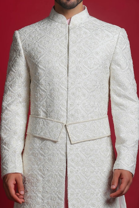 Shop_Char Chaand_Pink Silk Sequins, Embroidery, Beads Floral Jaal Sherwani Set _Online_at_Aza_Fashions