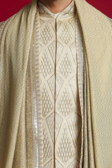 Char Chaand_Ivory Linen, Satin Sequins, Zari, Embroidery, Gota Patti Sherwani Set _Online_at_Aza_Fashions