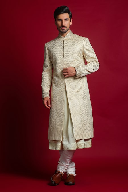 Buy_Char Chaand_Ivory Linen, Satin Sequins, Zari, Embroidery, Gota Patti Sherwani Set _Online_at_Aza_Fashions