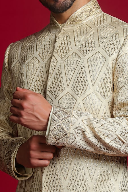 Shop_Char Chaand_Ivory Linen, Satin Sequins, Zari, Embroidery, Gota Patti Sherwani Set _Online_at_Aza_Fashions
