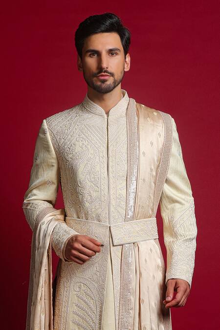 Char Chaand_Ivory Linen, Satin Applique, Beads, Embroidery Mughal Motif Sherwani Set _Online_at_Aza_Fashions