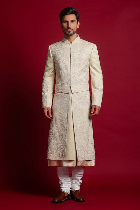 Buy_Char Chaand_Ivory Linen, Satin Applique, Beads, Embroidery Mughal Motif Sherwani Set _Online_at_Aza_Fashions