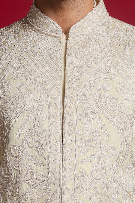 Shop_Char Chaand_Ivory Linen, Satin Applique, Beads, Embroidery Mughal Motif Sherwani Set _Online_at_Aza_Fashions