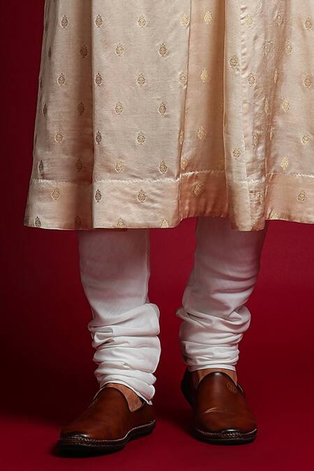 Char Chaand_Ivory Linen, Satin Applique, Beads, Embroidery Mughal Motif Sherwani Set _at_Aza_Fashions