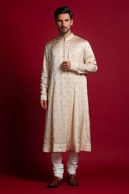 Buy_Char Chaand_Ivory Linen, Satin Applique, Beads, Embroidery Mughal Motif Sherwani Set 