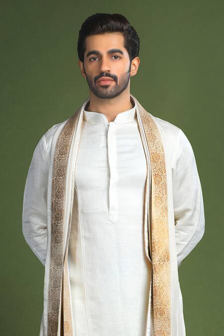 Char Chaand_Ivory Linen, Satin Embroidery, Sequins Floral Sherwani Set _Online_at_Aza_Fashions