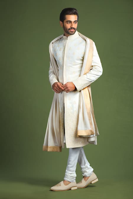 Shop_Char Chaand_Ivory Linen, Satin Embroidery, Sequins Floral Sherwani Set _Online_at_Aza_Fashions