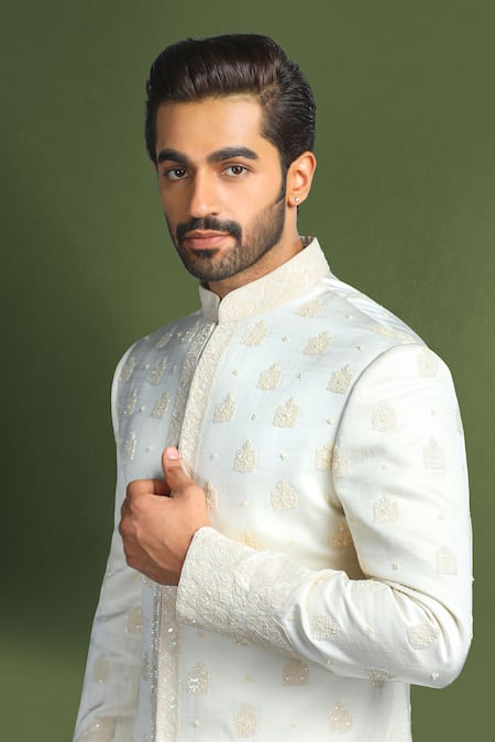Char Chaand_Ivory Linen, Satin Embroidery, Sequins Floral Sherwani Set _at_Aza_Fashions
