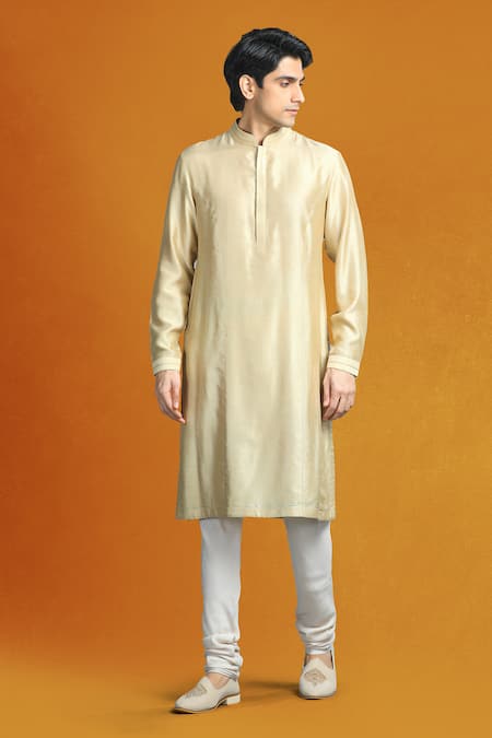 Char Chaand_Beige Linen, Satin Embroidery, Sequins, Zari Floral Sherwani Set _Online_at_Aza_Fashions