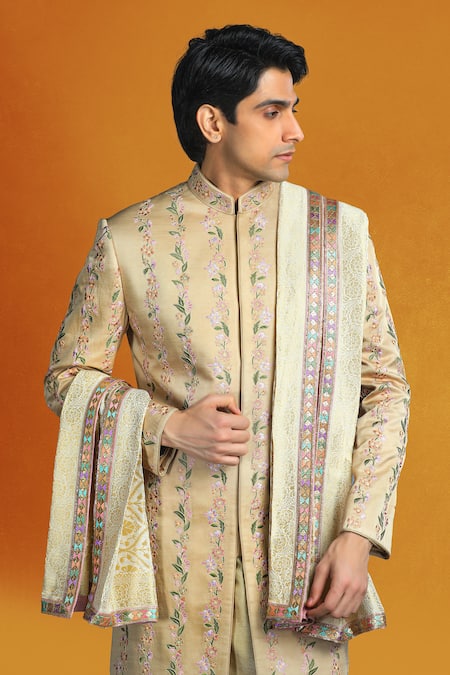 Shop_Char Chaand_Beige Linen, Satin Embroidery, Sequins, Zari Floral Sherwani Set _Online_at_Aza_Fashions