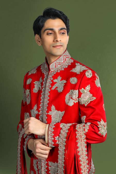 Char Chaand Beige Linen, Satin Embroidery, Sequins, Zari Floral Zardozi Sherwani Set at Aza Fashions Char Chaand_Beige Linen, Satin Embroidery, Sequins, Zari Floral Zardozi Sherwani Set _at_Aza_Fashions