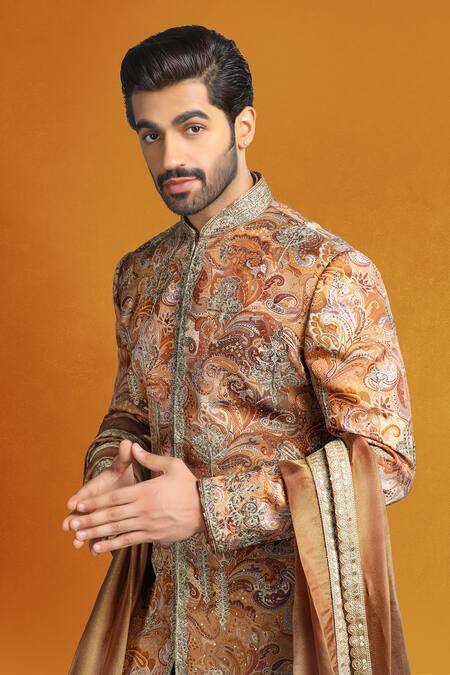 Buy Char Chaand Brown Linen, Tissue Embroidery, Sequins, Paisley Print Zardozi Sherwani Set Online at Aza Fashions Buy_Char Chaand_Brown Linen, Tissue Embroidery, Sequins, Paisley Print Zardozi Sherwani Set _Online_at_Aza_Fashions
