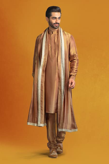 Char Chaand Brown Linen, Tissue Embroidery, Sequins, Paisley Print Zardozi Sherwani Set at Aza Fashions Char Chaand_Brown Linen, Tissue Embroidery, Sequins, Paisley Print Zardozi Sherwani Set _at_Aza_Fashions