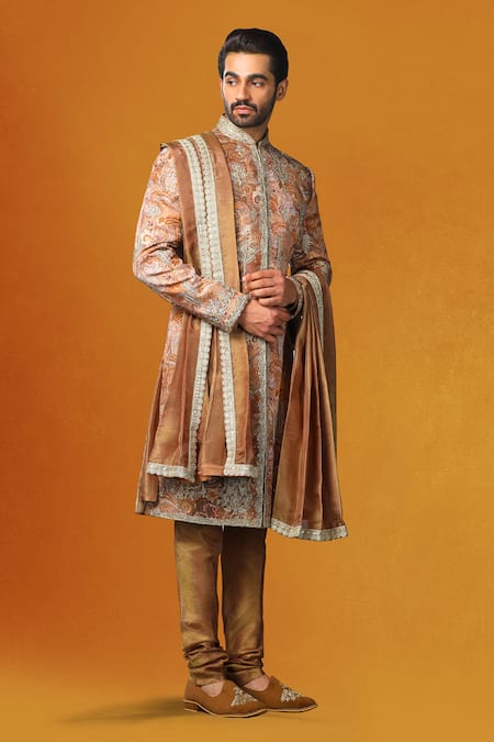 Buy Char Chaand Brown Linen, Tissue Embroidery, Sequins, Paisley Print Zardozi Sherwani Set Buy_Char Chaand_Brown Linen, Tissue Embroidery, Sequins, Paisley Print Zardozi Sherwani Set
