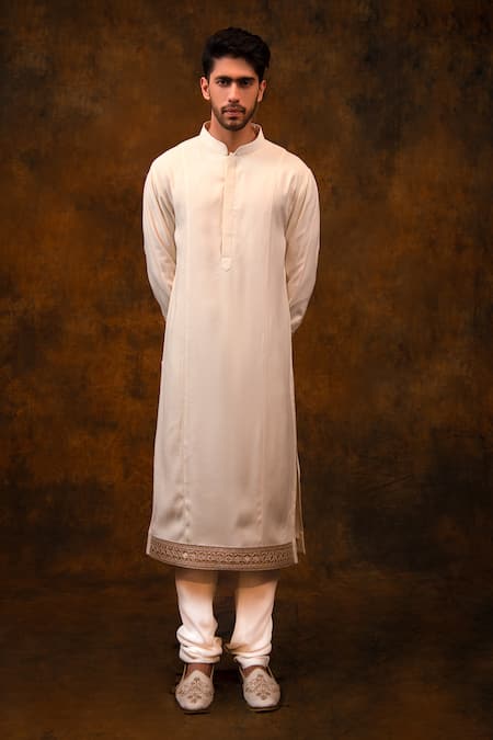 Buy_Char Chaand_Ivory Silk Beads, Zari Floral Zardozi Embroidered Sherwani Set _Online_at_Aza_Fashions