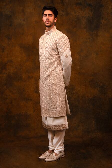 Shop_Char Chaand_Ivory Silk Beads, Zari Floral Zardozi Embroidered Sherwani Set _Online_at_Aza_Fashions