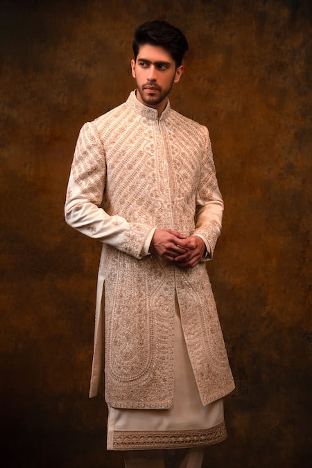 Char Chaand_Ivory Silk Beads, Zari Floral Zardozi Embroidered Sherwani Set _at_Aza_Fashions