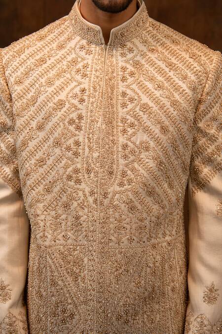 Shop_Char Chaand_Ivory Silk Beads, Zari Floral Zardozi Embroidered Sherwani Set 