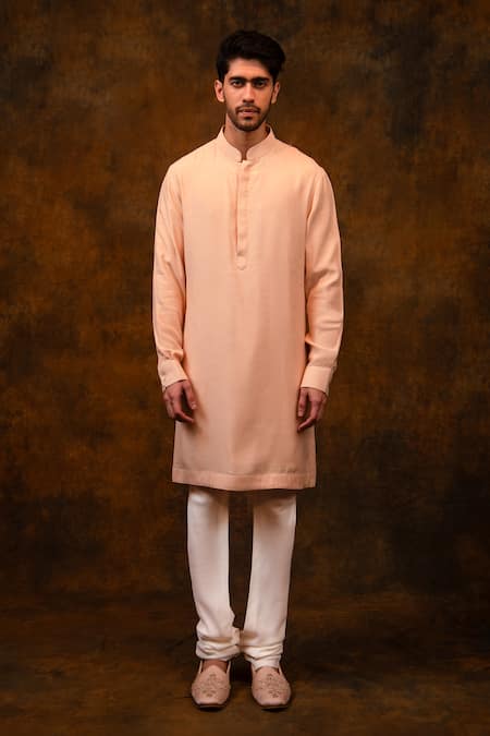 Buy_Char Chaand_Peach Silk Beads, Embroidery, Zari Floral Sherwani Set _Online_at_Aza_Fashions