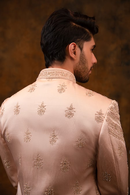 Shop_Char Chaand_Peach Silk Beads, Embroidery, Zari Floral Sherwani Set _Online_at_Aza_Fashions