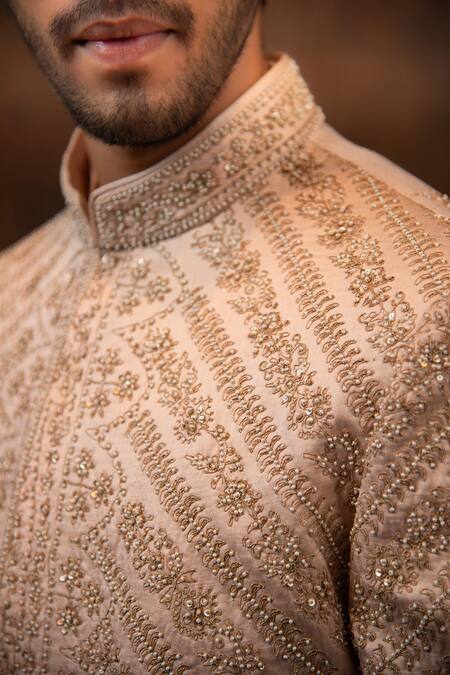 Char Chaand_Peach Silk Beads, Embroidery, Zari Floral Sherwani Set _at_Aza_Fashions