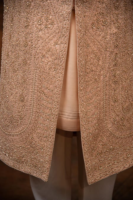 Buy_Char Chaand_Peach Silk Beads, Embroidery, Zari Floral Sherwani Set 