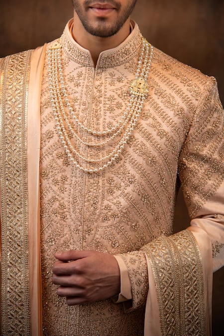 Shop_Char Chaand_Peach Silk Beads, Embroidery, Zari Floral Sherwani Set 
