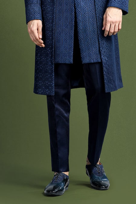 Char Chaand_Navy Georgette Embroidery Geometric Sherwani And Pant Set _Online_at_Aza_Fashions
