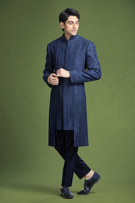 Buy_Char Chaand_Navy Georgette Embroidery Geometric Sherwani And Pant Set _Online_at_Aza_Fashions