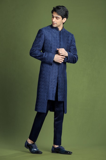 Shop_Char Chaand_Navy Georgette Embroidery Geometric Sherwani And Pant Set _Online_at_Aza_Fashions