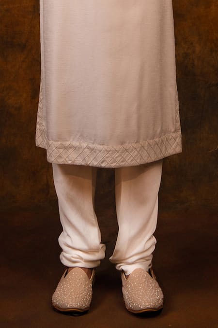 Char Chaand_Ivory Silk Sequins, Beads, Cut Work, Embroidery Floral Hand Sherwani Set _Online_at_Aza_Fashions