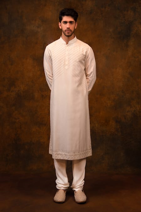 Buy_Char Chaand_Ivory Silk Sequins, Beads, Cut Work, Embroidery Floral Hand Sherwani Set _Online_at_Aza_Fashions