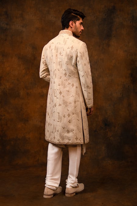 Shop_Char Chaand_Ivory Silk Sequins, Beads, Cut Work, Embroidery Floral Hand Sherwani Set _Online_at_Aza_Fashions