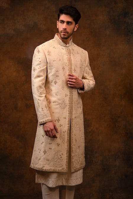 Char Chaand_Ivory Silk Sequins, Beads, Cut Work, Embroidery Floral Hand Sherwani Set _at_Aza_Fashions