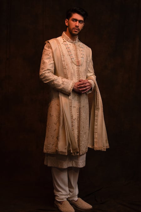 Shop_Char Chaand_Ivory Silk Sequins, Beads, Cut Work, Embroidery Floral Hand Sherwani Set 