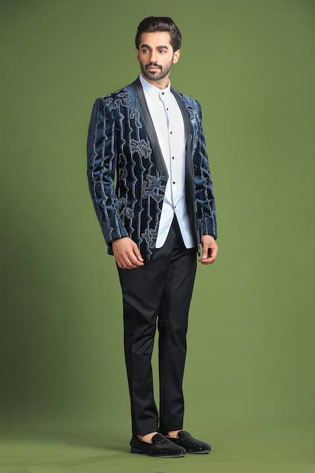 Char Chaand_Blue Velvet Beads, Embroidery Navy Abstract Motif Tuxedo _Online_at_Aza_Fashions