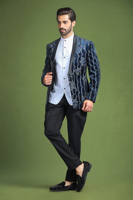 Buy_Char Chaand_Blue Velvet Beads, Embroidery Navy Abstract Motif Tuxedo _Online_at_Aza_Fashions