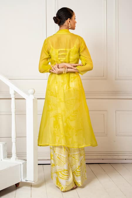 Oshi By Shikha_Yellow Silk Organza, Satin Embroidery Open Neck, Lemon Sheer Jacket Pant Set _Online_at_Aza_Fashions