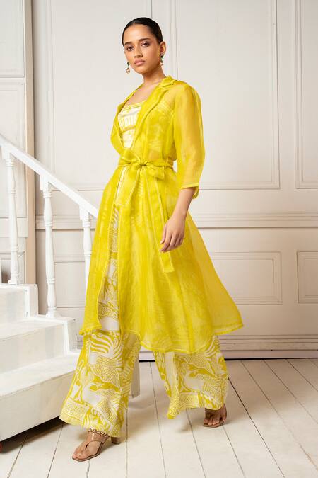 Buy_Oshi By Shikha_Yellow Silk Organza, Satin Embroidery Open Neck, Lemon Sheer Jacket Pant Set _Online_at_Aza_Fashions