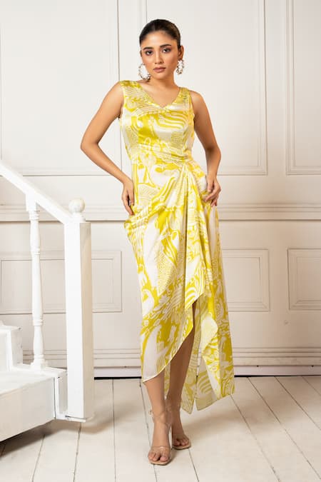 Oshi By Shikha Yellow Sheer Jacket & Abstract Printed Dress 