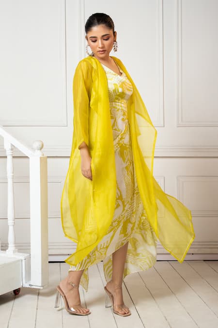 Oshi By Shikha_Yellow Silk Organza, Satin Embroidery Sheer Jacket And Abstract Printed Dress _Online_at_Aza_Fashions