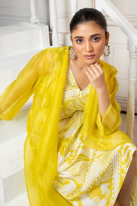 Buy_Oshi By Shikha_Yellow Silk Organza, Satin Embroidery Sheer Jacket And Abstract Printed Dress _Online_at_Aza_Fashions