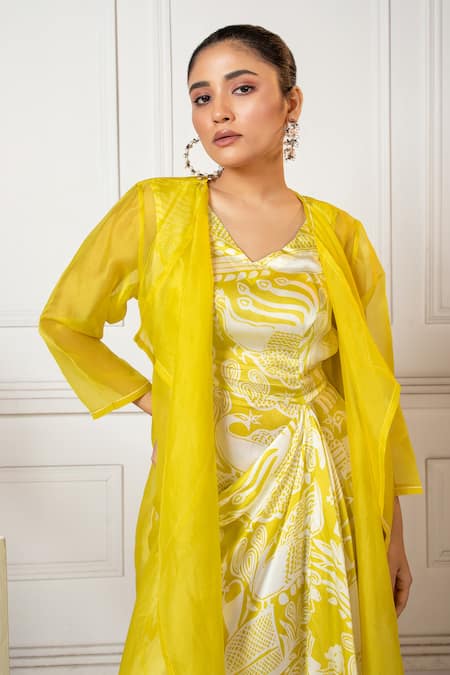 Shop_Oshi By Shikha_Yellow Silk Organza, Satin Embroidery Sheer Jacket And Abstract Printed Dress _Online_at_Aza_Fashions