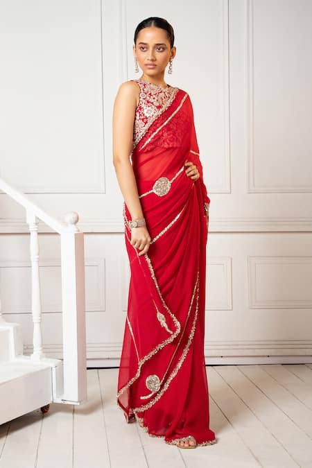 Buy_Oshi By Shikha_Red Silk, Chiffon Sequins, Zari Round Neck Embroidered Saree With Blouse _Online_at_Aza_Fashions