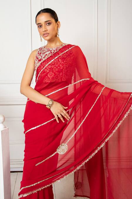 Shop_Oshi By Shikha_Red Silk, Chiffon Sequins, Zari Round Neck Embroidered Saree With Blouse _Online_at_Aza_Fashions