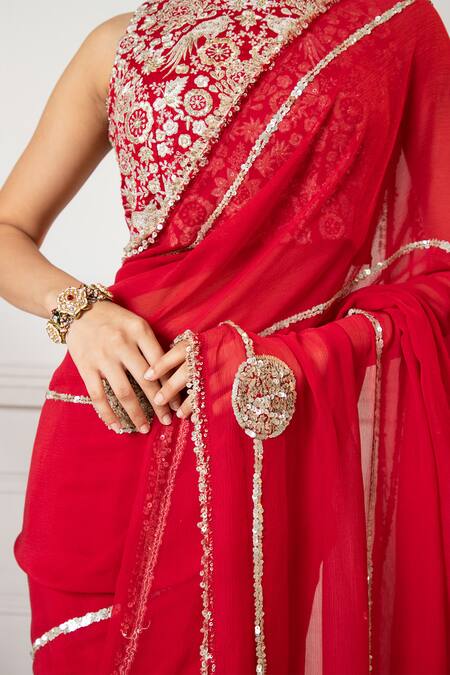 Oshi By Shikha_Red Silk, Chiffon Sequins, Zari Round Neck Embroidered Saree With Blouse _at_Aza_Fashions