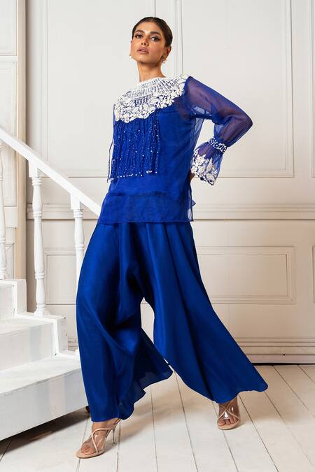 Shop Oshi By Shikha Blue Organza, Satin, Silk Pearls, Embroidery Round Floral Top And Draped Pant Set at Aza Fashions Shop_Oshi By Shikha_Blue Organza, Satin, Silk Pearls, Embroidery Round Floral Top And Draped Pant Set_at_Aza_Fashions