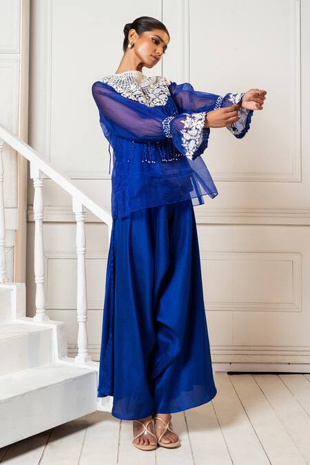 Oshi By Shikha Blue Organza, Satin, Silk Pearls, Embroidery Round Floral Top And Draped Pant Set Online at Aza Fashions Oshi By Shikha_Blue Organza, Satin, Silk Pearls, Embroidery Round Floral Top And Draped Pant Set_Online_at_Aza_Fashions