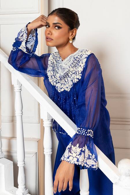 Buy Oshi By Shikha Blue Organza, Satin, Silk Pearls, Embroidery Round Floral Top And Draped Pant Set Online at Aza Fashions Buy_Oshi By Shikha_Blue Organza, Satin, Silk Pearls, Embroidery Round Floral Top And Draped Pant Set_Online_at_Aza_Fashions