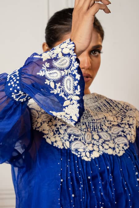 Oshi By Shikha Blue Organza, Satin, Silk Pearls, Embroidery Round Floral Top And Draped Pant Set at Aza Fashions Oshi By Shikha_Blue Organza, Satin, Silk Pearls, Embroidery Round Floral Top And Draped Pant Set_at_Aza_Fashions